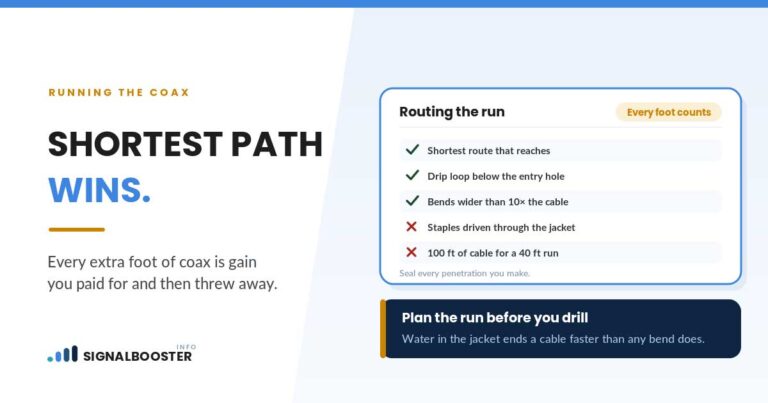 Signal booster coax routing rules: shortest run, drip loop and wide bends, no staples through the jacket