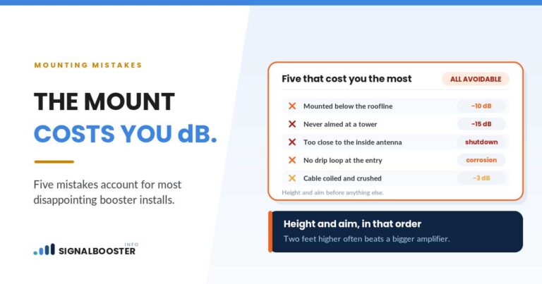 Booster mounting mistakes: below the roofline costs 10 dB, never aiming at a tower costs 15 dB