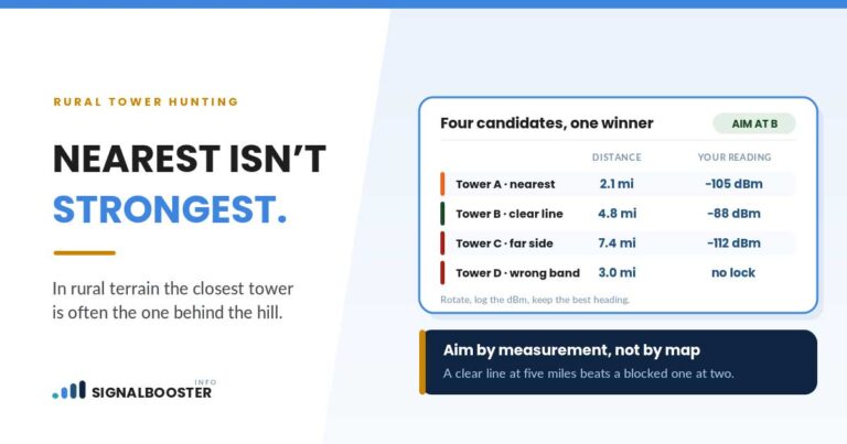 Rural tower choice: the nearest tower reads −105 dBm while one twice as far with clear line reads −88
